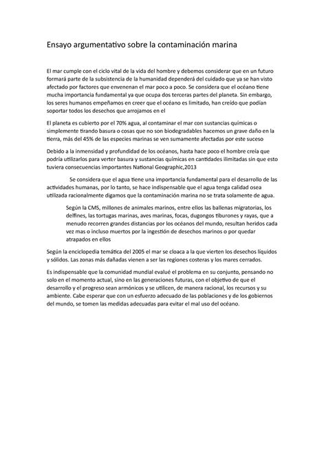 Ensayo Argumentativo Sobre La Contaminaci N Marina Se Considera Que