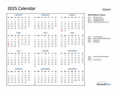 2025 Kosovo Calendar with Holidays