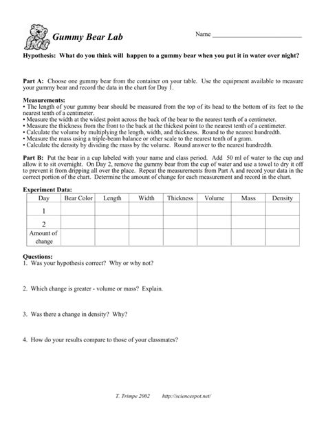 Gummy Bear Lab Worksheet Measurement And Density