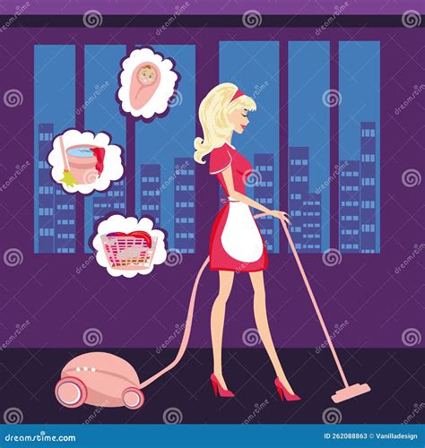 Beautiful Blonde Housewife Cleans The Room Stock Vector Illustration Of Dress Housekeeping