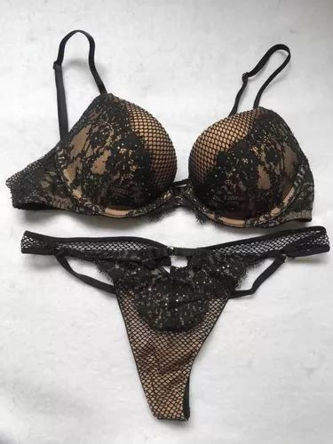 Conjunto Victoria S Secret Encaje Con Brillos Push Up Tanga Meses Sin