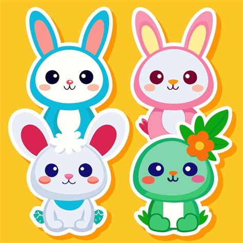 Cute Cartoon Animals Sticker Set On Yellow Background Premium Ai