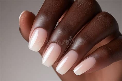 Beautiful Female Hand Showing Ombre Milky Nude Nails Manicure On Dark