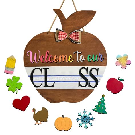 Welcome To Our Wooden Hanging Sign Interchangeable Fruit Shape Teacher