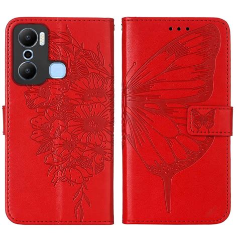 For Infinix Hot 20 Play Embossed Butterfly Flip Leather Phone Case Red Alexnld