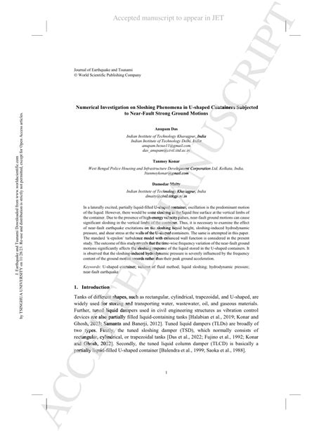 Pdf Numerical Investigation On Sloshing Phenomena In U Shaped Containers Subjected To Near