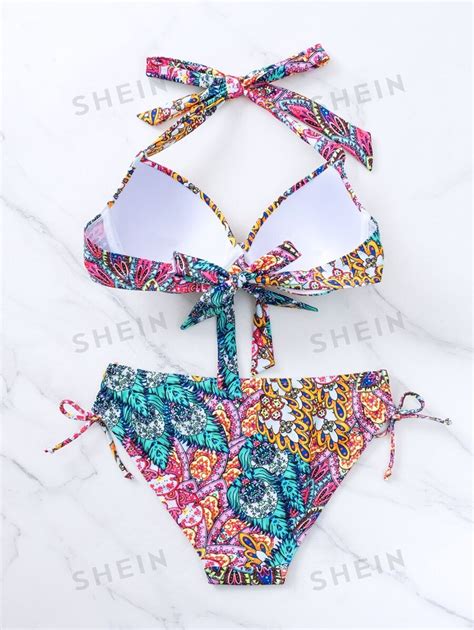 SHEIN Swim Set Bikini Con Stampa Mandala Top Con Nodo Frontale Halter