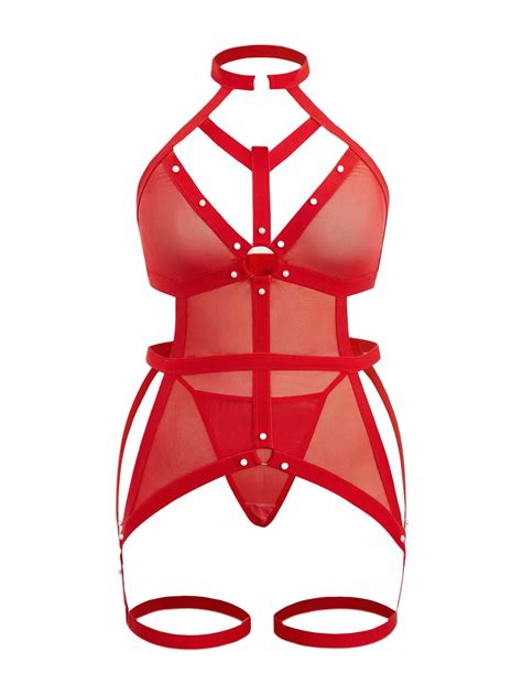 SOLY HUX Women S Plus Size Sexy Lingerie 2 Pieces Sets Exotic Mesh Sheer Garter Teddy Babydoll