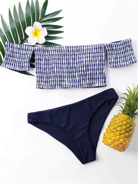 2018 Women Sexy Swimwear Gingham Off Shoulder Smocked Bikini Set