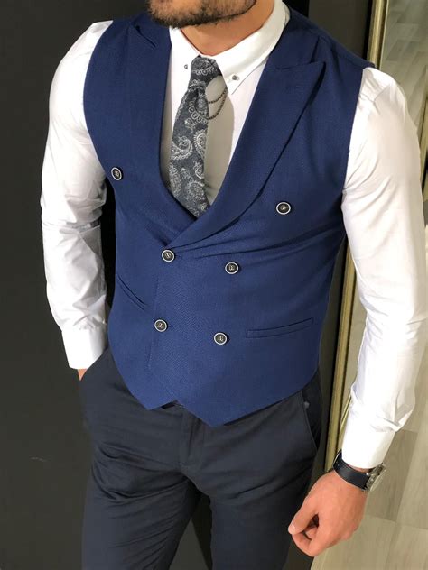 Keefe Slim Fit Double Breasted Vest Navy Blue Double Breasted Vest Mens Fashion Suits Mens