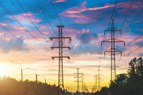 Tall Power Lines During Sunset In The Evening Stock Image Image Of