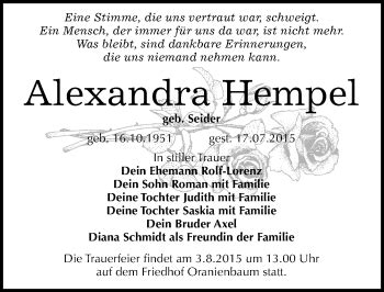 Traueranzeigen Von Alexandra Hempel Abschied Nehmen De