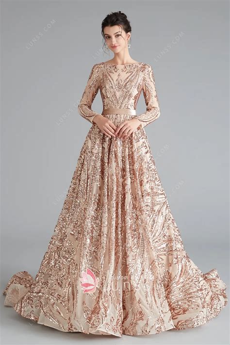 Champagne Gold Geometric Design Sequin Long Prom Dress Lunss