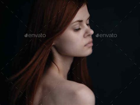 Red Haired Woman Naked Shoulders Dark Background Glamor Stock Photo By Shotprime