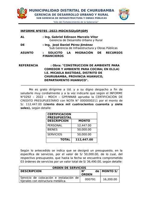 Informe De Cambio Presupuestal MUNICIPALIDAD DISTRITAL DE CHURUBAMBA