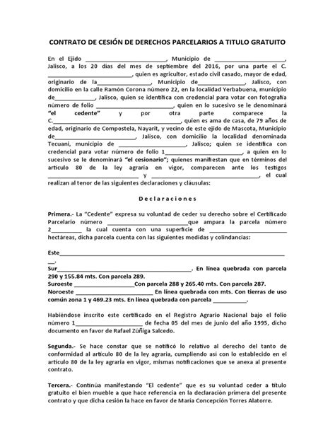 Contrato De Cesión De Derechos Parcelarios A Titulo Gratuito Pdf