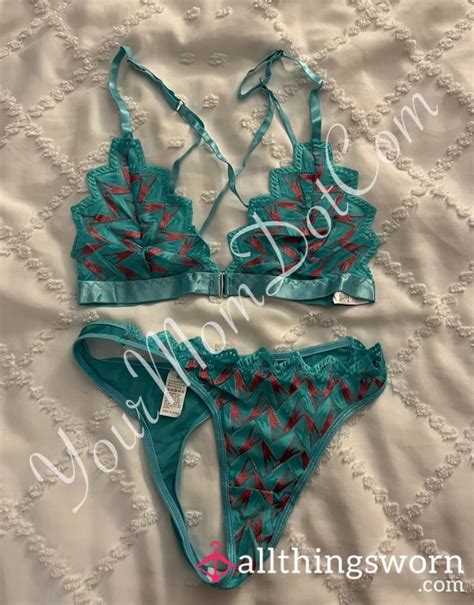 Light Blue And Pink TBack Thong Lingerie Set