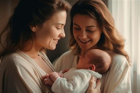 Premium Photo Two Lesbian Mothers With Their Newborn Son