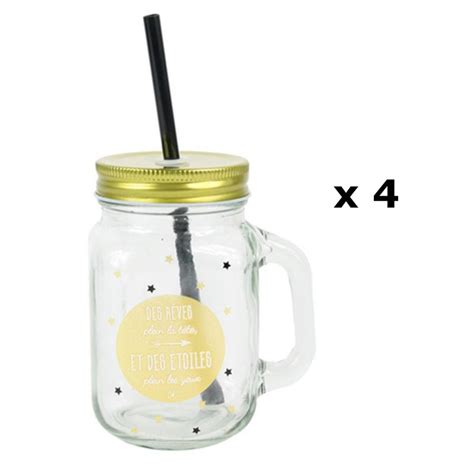 4 Mason Jar Gobelet avec Paille Etoiles doré Jaune