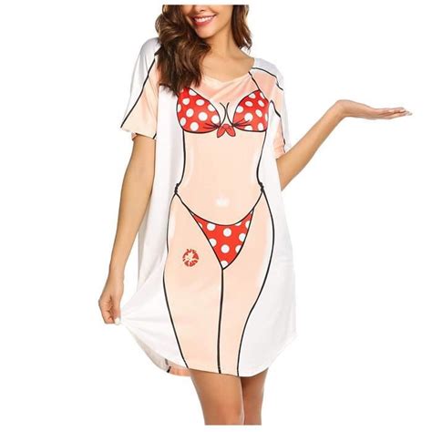 Dames Mode Creative Mignon Sexy Bikini Imprimer Col Rond Robe Décontractée Lâche rouge Rouge