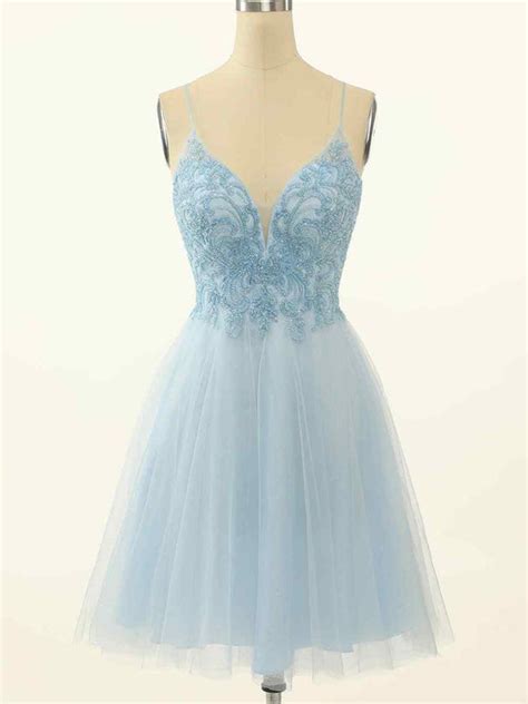 A Line Spaghetti Straps Beaded Short Prom Dress Light Sky Blue Homecom