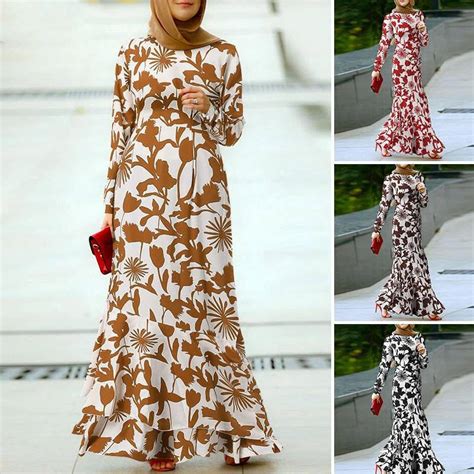 Wholesale Women Muslim Dress Abaya Islamic Long Sleeve Floral Casual