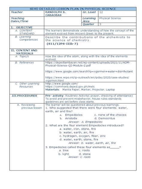 Lesson Plan Physical Science Pdf Alchemy