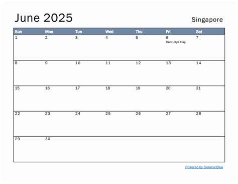 Free Monthly Calendar Template for June 2025 with Singapore Holidays