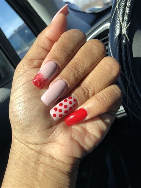Red And Nude Valentine Day Nails And Polka Dots Valentine S Day Nails Valentines Day Polka