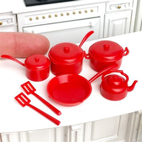 Dollhouse Miniature Red Pots And Pans Set Kitchen Miniatures