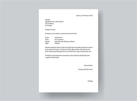 contoh surat izin tidak masuk sekolah  sakit  anak sd