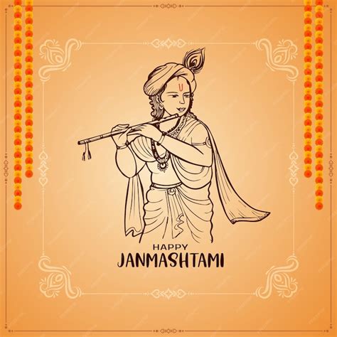 Free Vector | Happy janmashtami festival card with line art lord ...