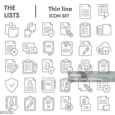 얇은 선 아이콘 세트를 나열 문서 기호 컬렉션 벡터 스케치 로고 그림 종이 기호 선형 Pictograms 패키지 흰색 배경에