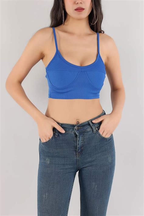 Saks Mavisi Ottoman Kumaş Crop Bluz 171082 ModamızBir Modamizbir