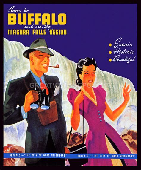 Buffalo Niagara Falls New York Canada Travel Tourism Usa Vintage Poster