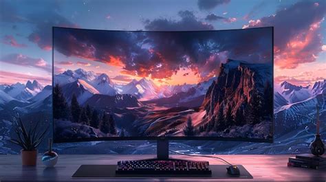 Premium Photo | Curved 4K Gaming Monitor with Stunning Mountain Sunset ...