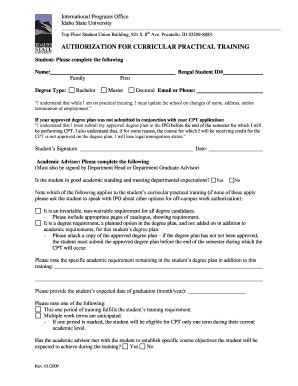 Fillable Online Isu CPT Authorization Form Idaho State University