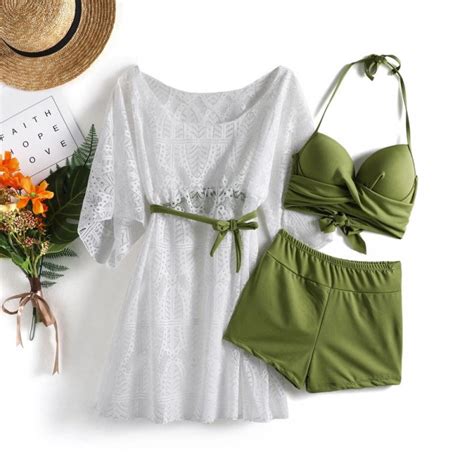 Fashion Lady Three Piece Swimsuit Split Chest Gathered Bikini Lady L Sunscreen Blouse Hot Spring