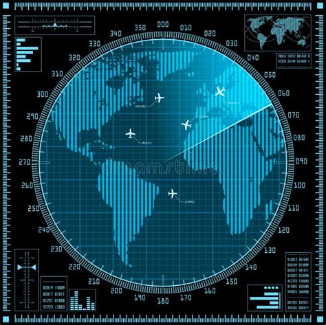 Schermo Radar Blu Con Gli Aerei E La Mappa Di Mondo Illustrazione