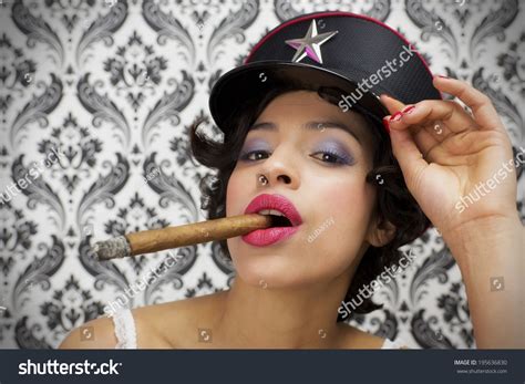Sexy Woman Lingerie Smokes Cigar Against Stock Photo 195636830 Shutterstock