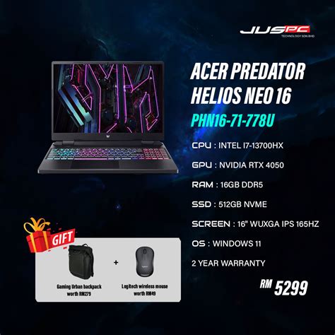 ACER PREDATOR HELIOS NEO 16 PHN16 71 778U JusPC