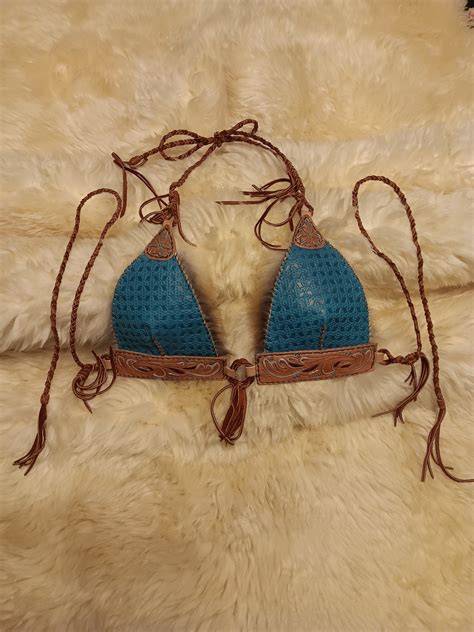 Custom Hand Tooled Leather Fox Fur Deerskin Leather Bikini Top For Festival Costume Play Etsy
