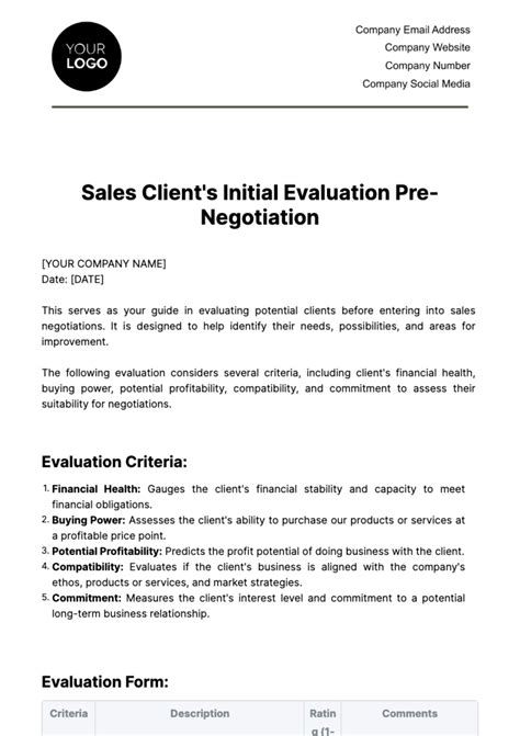 Free Sales Clients Initial Evaluation Pre Negotiation Template Edit