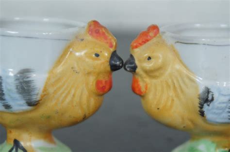 2 Vintage Fanny Farmer Ceramic Bisque Egg Cups Chicken Rooster Japan 3