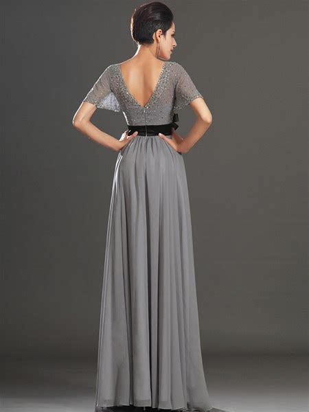 Grey Chiffon A Line V Neck Cap Sleeve Prom Dress With Illusion Lace