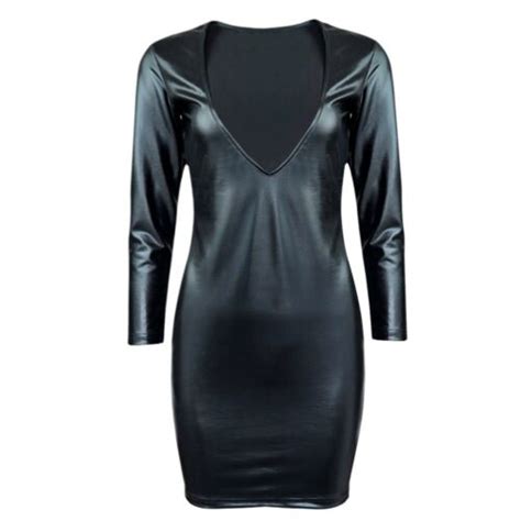 Damen Pu Lederkleid Tiefer V Ausschnitt Sexy Partykleid Bodycon Kurz