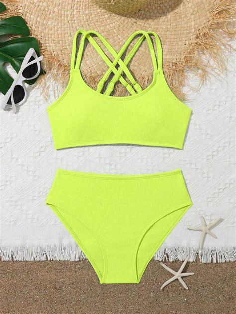 Tween Girl Bikini Swimwear Two Piece Shoulder Strap Cross Strap Ribbed