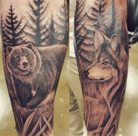 Two Tattoos On The Legs Of People With Bears And Pine Trees In The