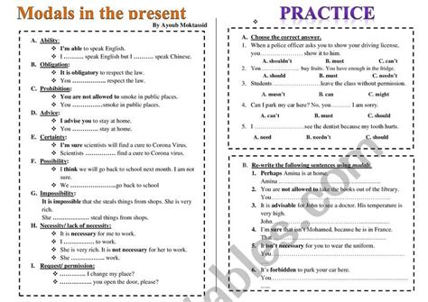 Modals In The Present With Keys Esl Worksheet By Ayoubmoktassid