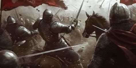 Intense medieval battle scene with armored knights and swords in ultra ...